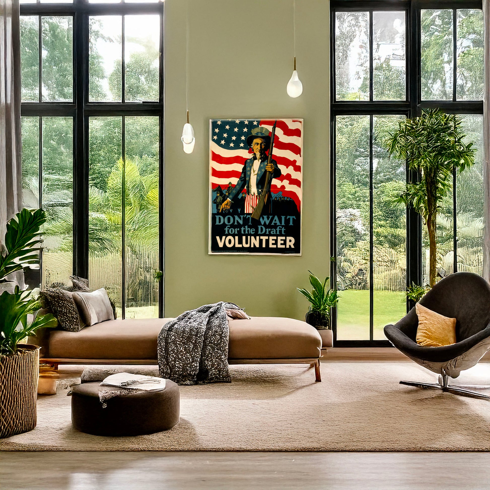 A picture of Don't wait for the draft--Volunteer, a mockup of the print leaning against a wall