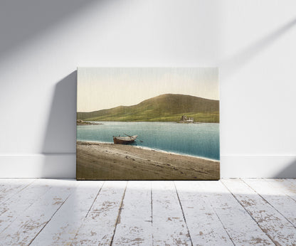 A picture of Doon Castle from the loch, Dalmellington, Scotland, a mockup of the print leaning against a wall