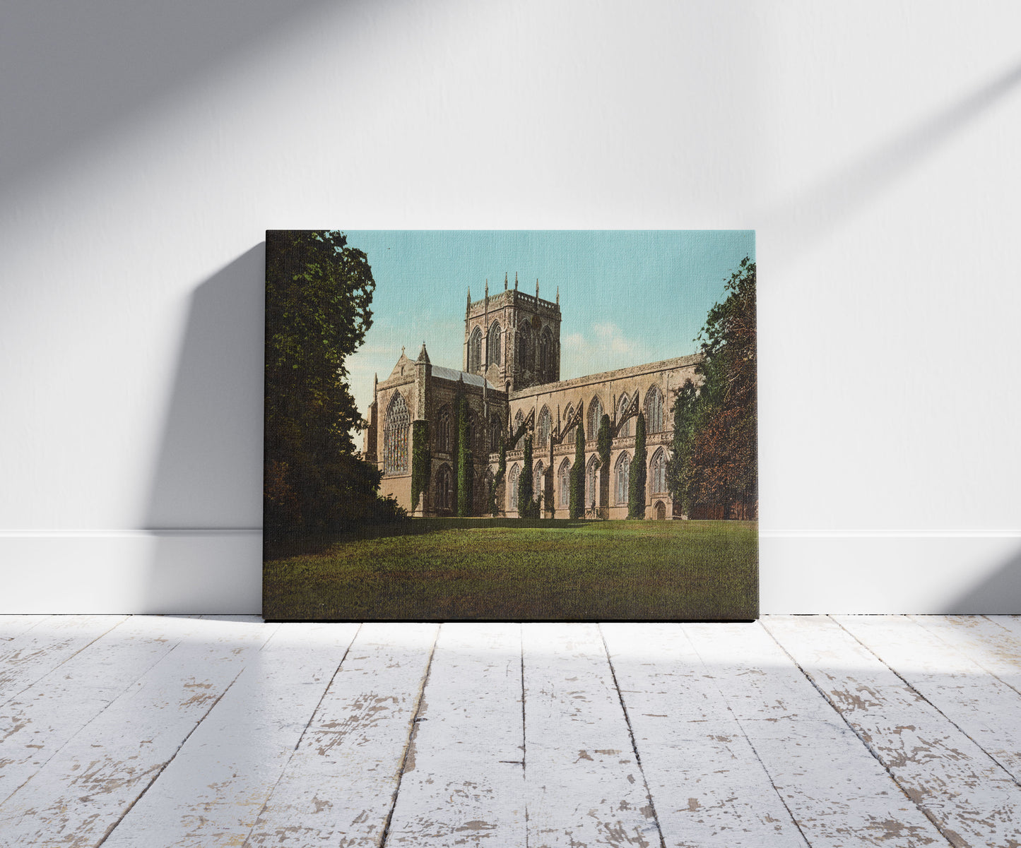 A picture of Dorset. Abbey Church of Milton., a mockup of the print leaning against a wall