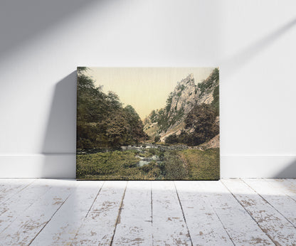 A picture of Dovedale, Tissington Spires, Derbyshire, England, a mockup of the print leaning against a wall