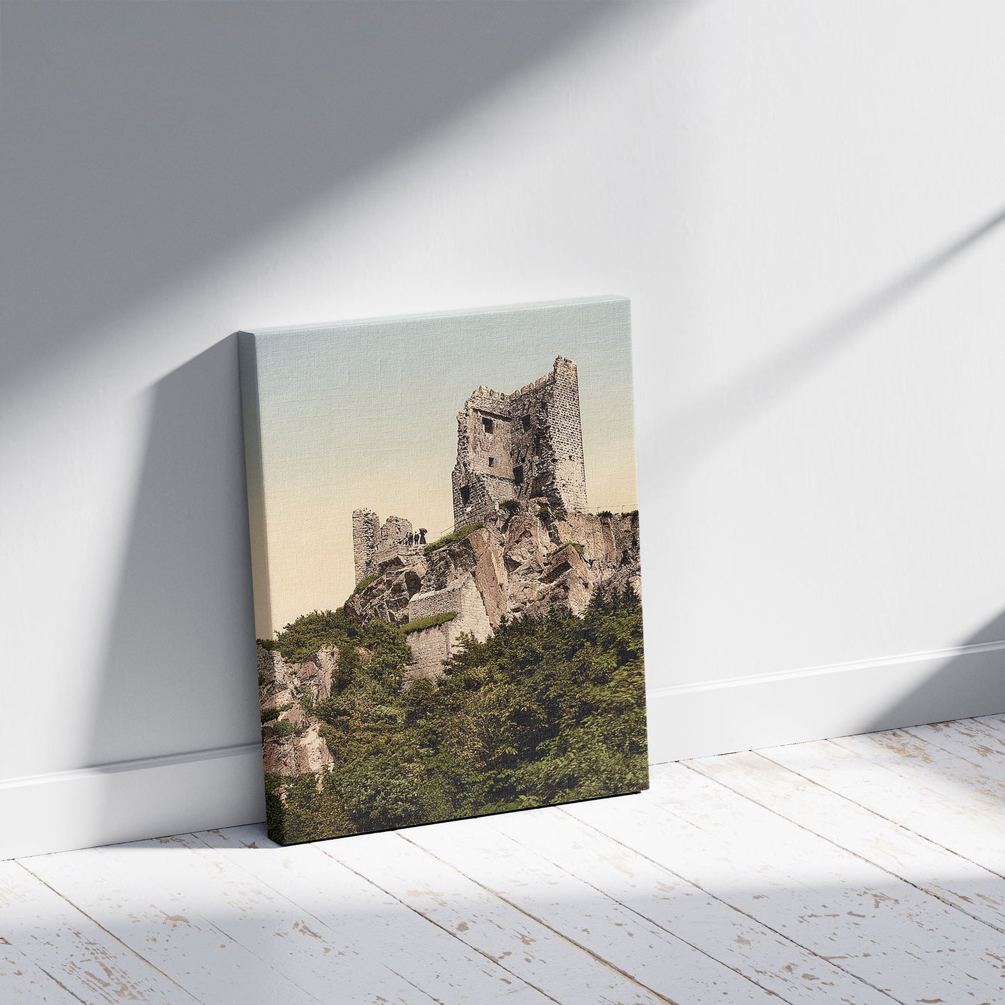 A picture of Drachenfels ruins, the Rhine, Germany, a mockup of the print leaning against a wall