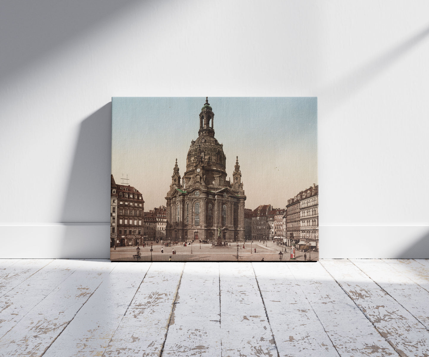 A picture of Dresden. Frauenkirche mit Neumarkt, a mockup of the print leaning against a wall