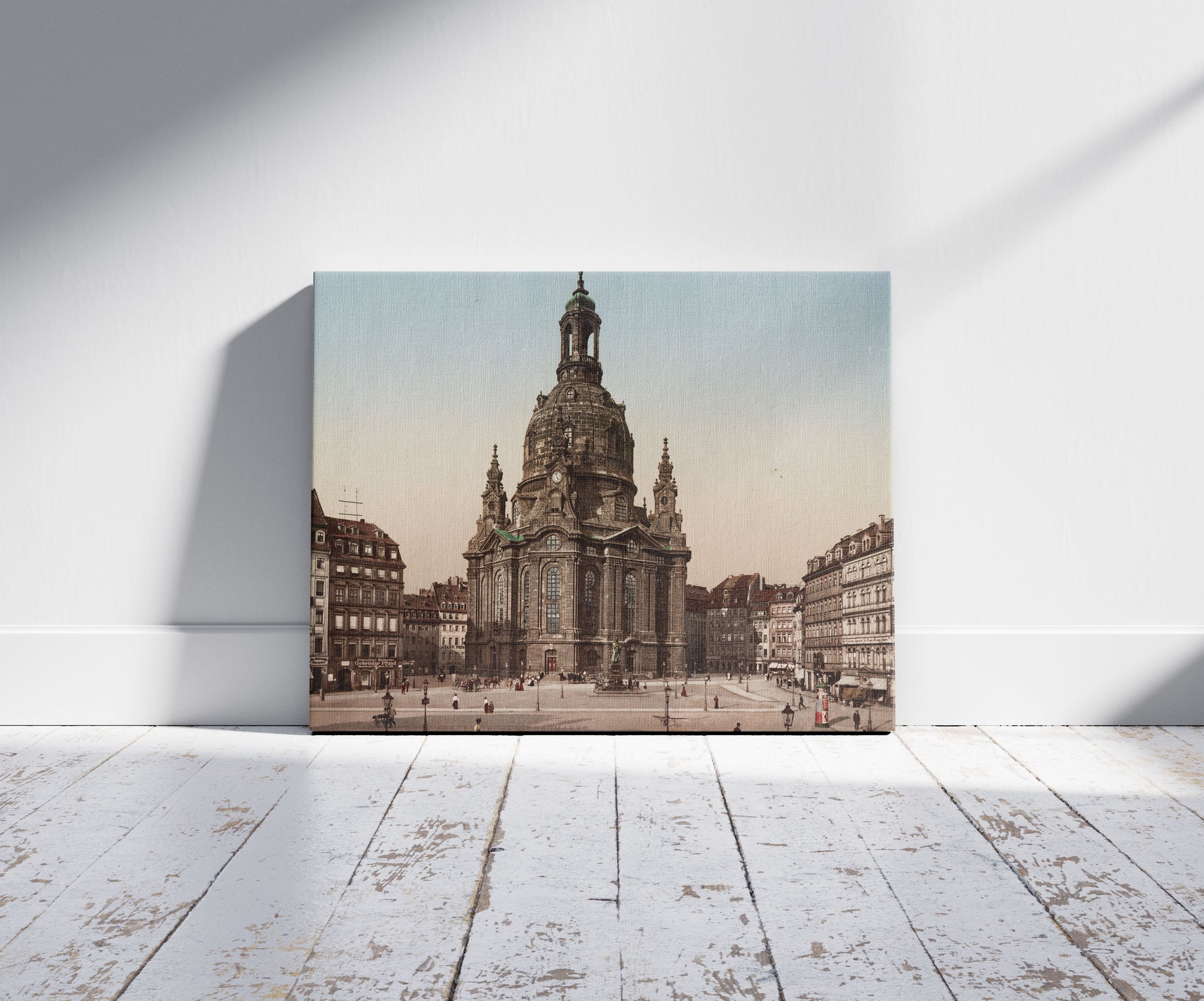 A picture of Dresden. Frauenkirche mit Neumarkt, a mockup of the print leaning against a wall