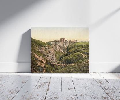 A picture of Dunottar Castle, Stonehaven, Scotland, a mockup of the print leaning against a wall