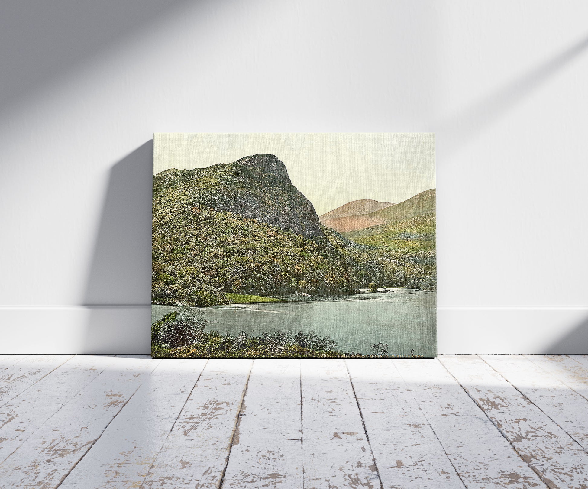 A picture of Eagle's Nest Mountain, Killarney. County Kerry, Ireland, a mockup of the print leaning against a wall