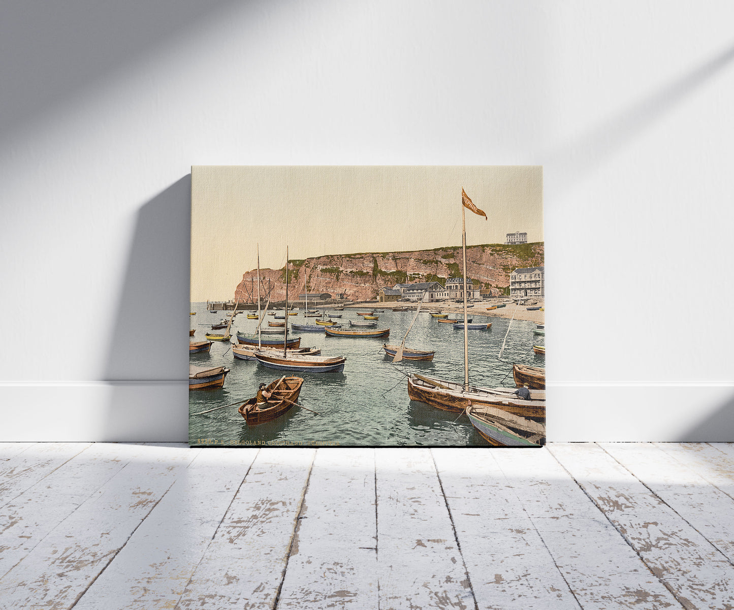 A picture of East Beach and South Point, Helgoland, Germany, a mockup of the print leaning against a wall