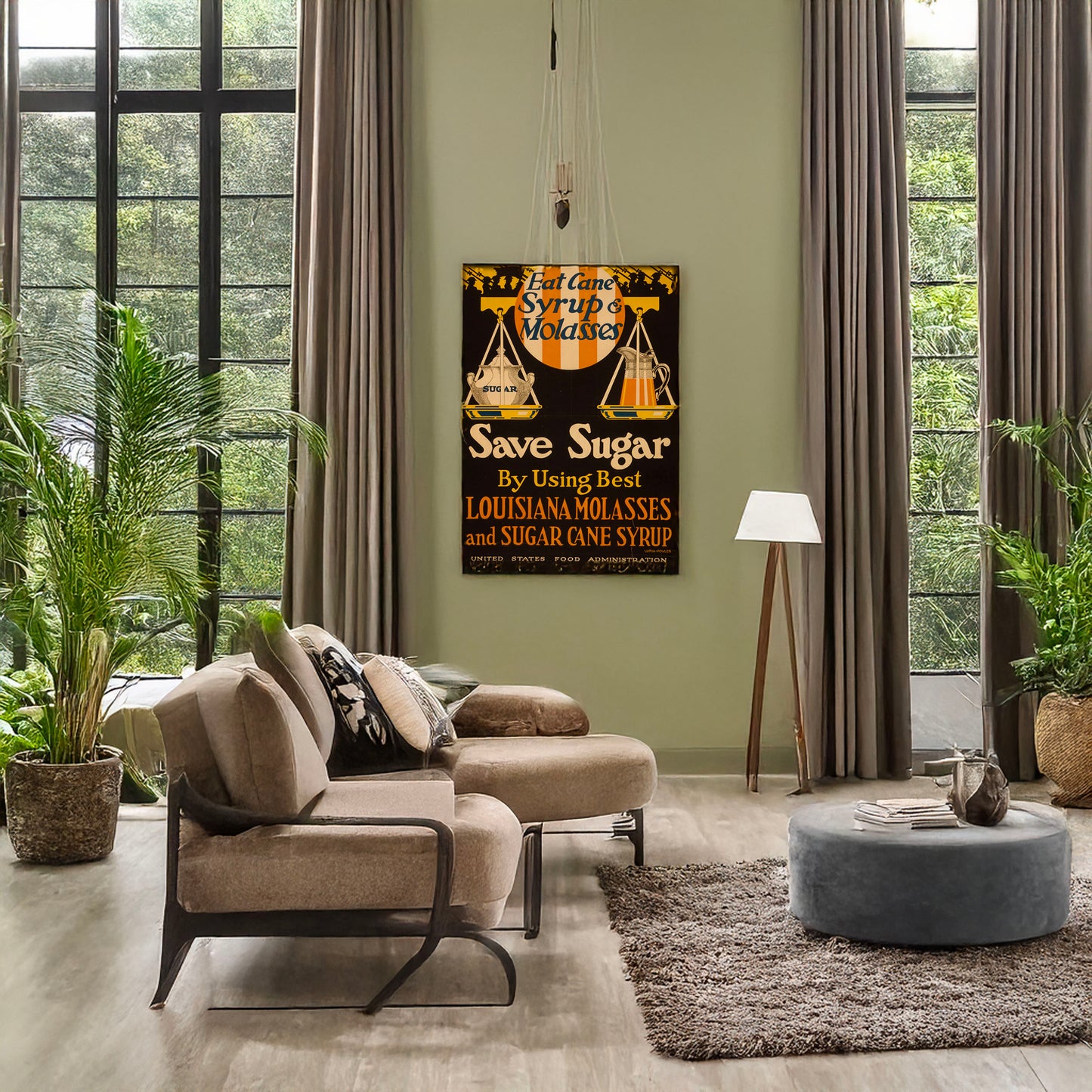 A picture of Eat cane syrup & molasses, save sugar by using best Louisiana molasses and sugar cane syrup, a mockup of the print leaning against a wall