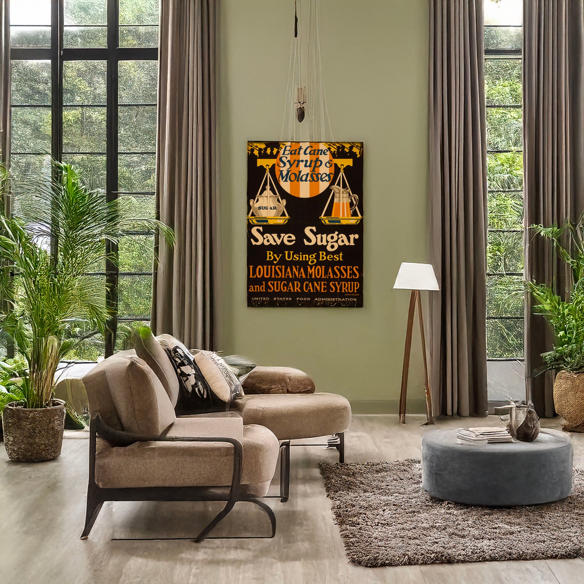A picture of Eat cane syrup & molasses, save sugar by using best Louisiana molasses and sugar cane syrup, a mockup of the print leaning against a wall