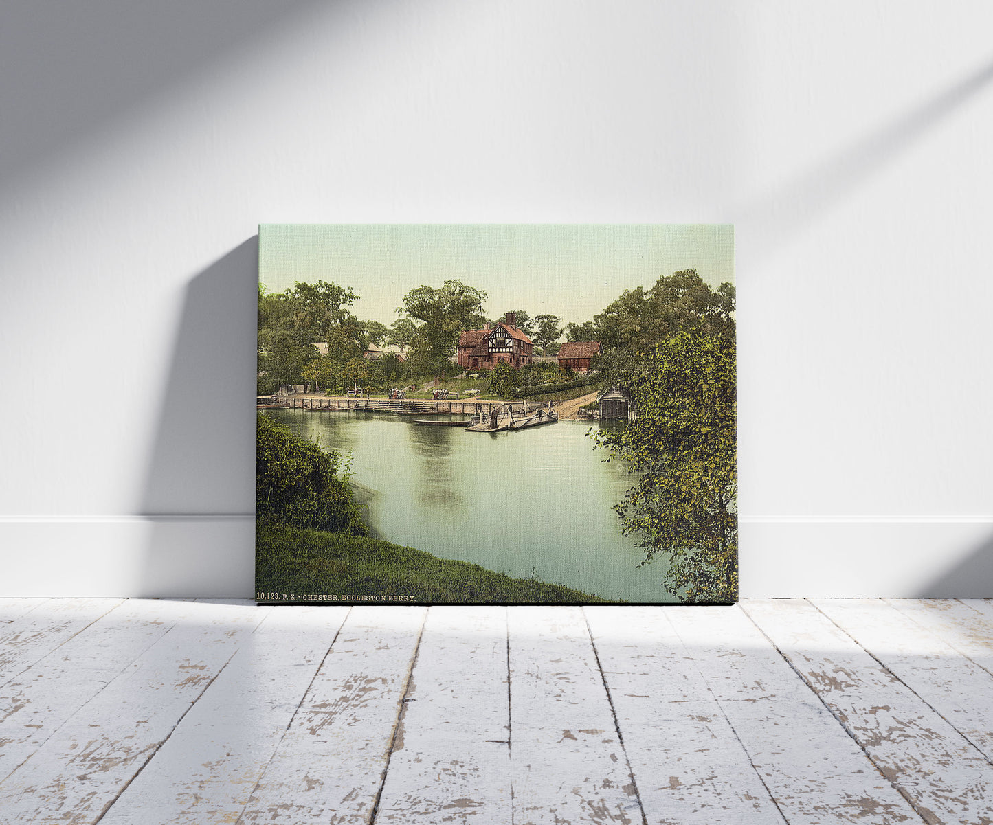 A picture of Eccleston Ferry, Chester, England, a mockup of the print leaning against a wall