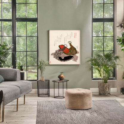 A picture of Edo musashi abumi, a mockup of the print leaning against a wall