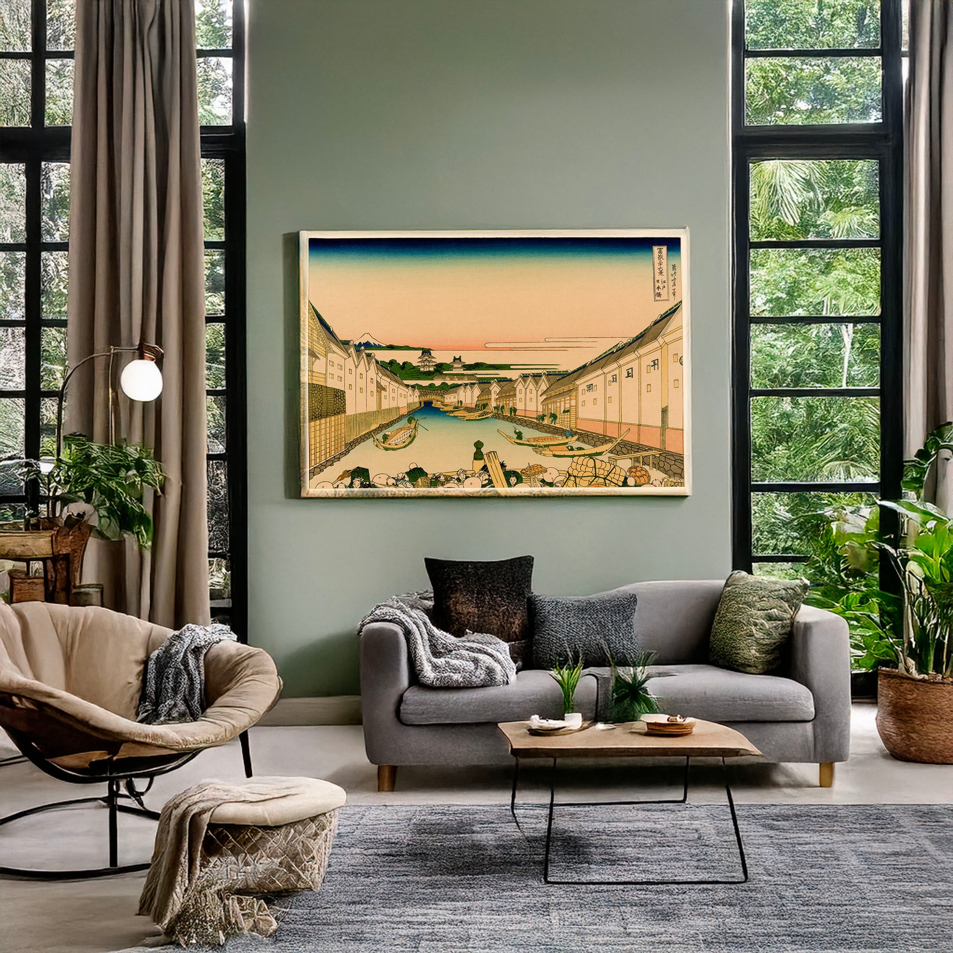A picture of Edo nihonbashi, a mockup of the print leaning against a wall