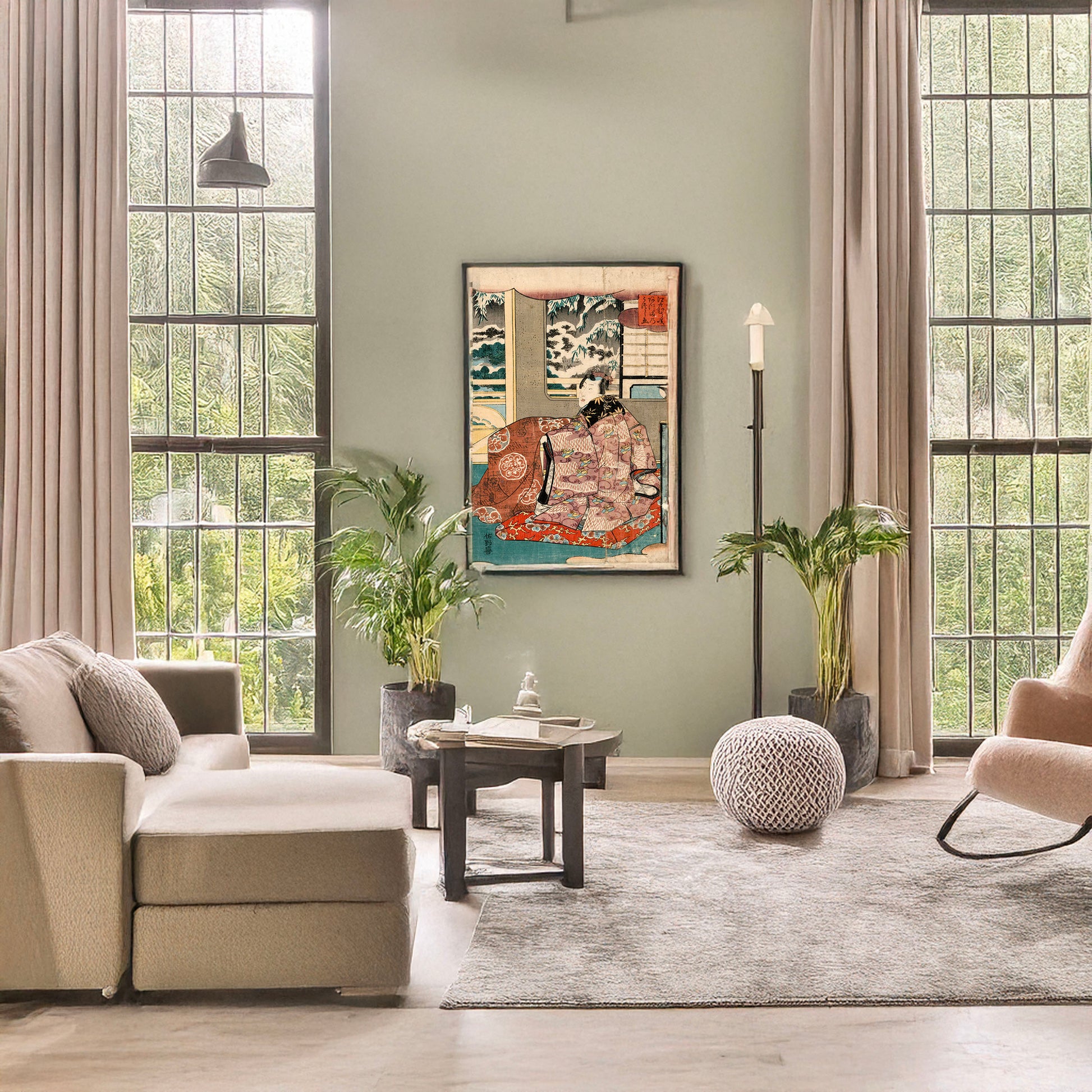 A picture of Edomurasaki azuma no utsushie, a mockup of the print leaning against a wall
