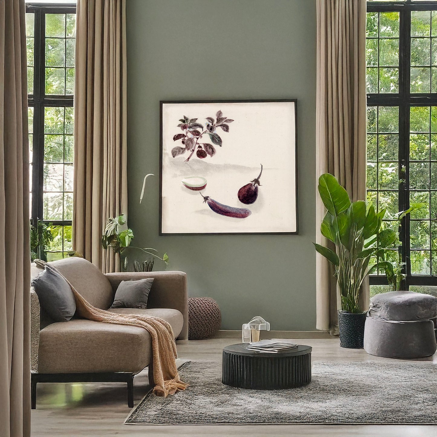 A picture of Eggplants with plant growing in the background, a mockup of the print leaning against a wall