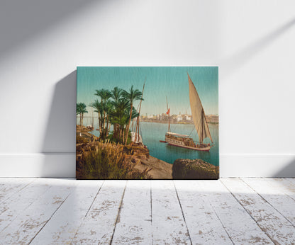 A picture of Egypt. Cairo. On the Nile shore near Boulac, with Dahableh making sail, a mockup of the print leaning against a wall