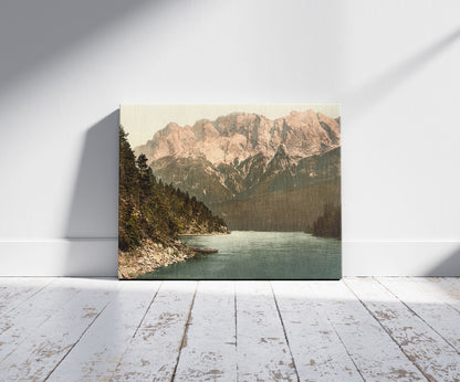 A picture of Eibsee, general view, Upper Bavaria, Germany, a mockup of the print leaning against a wall