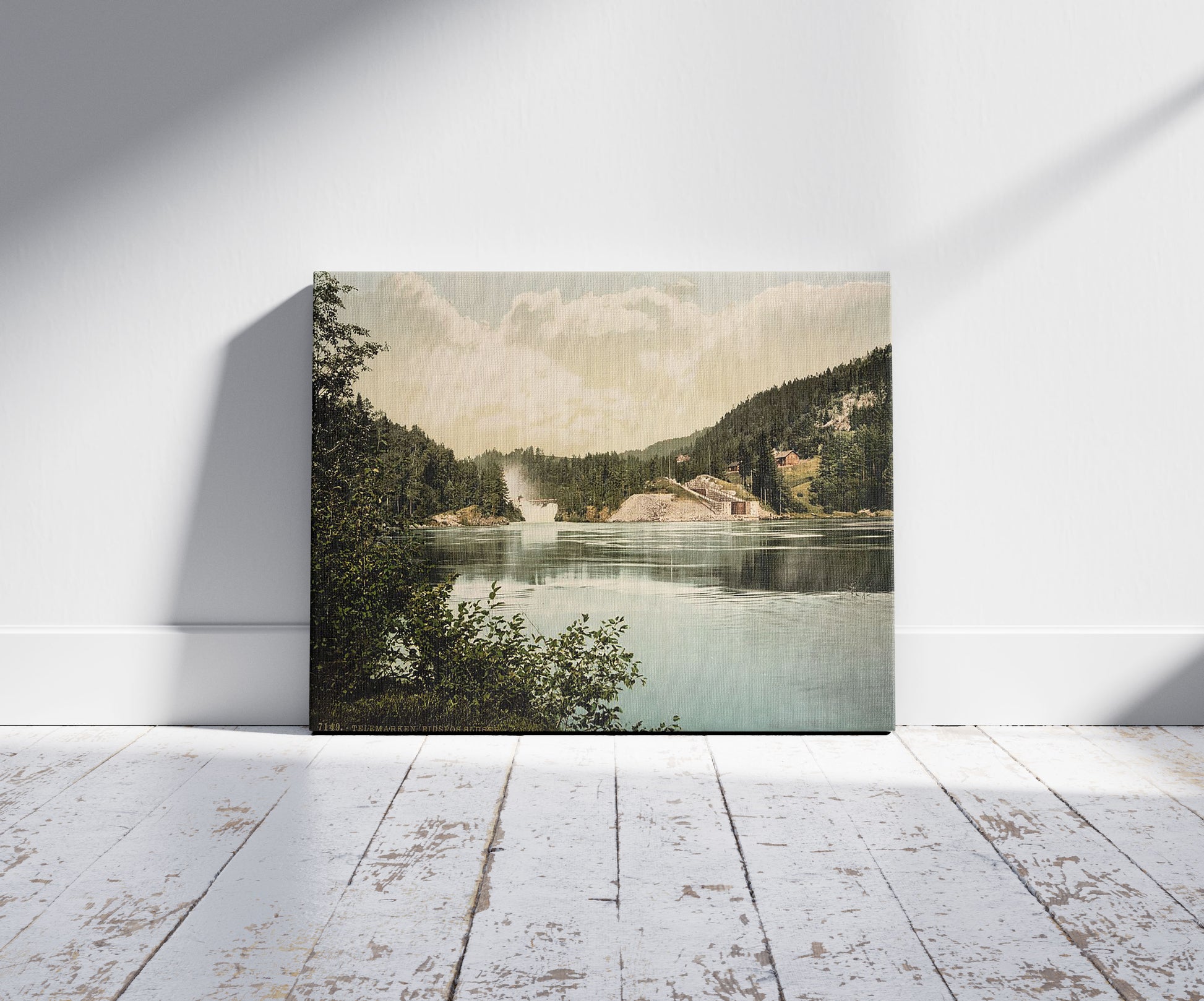 A picture of Eidsfos Lock, Telemarken (i.e, Telemark), Norway, a mockup of the print leaning against a wall