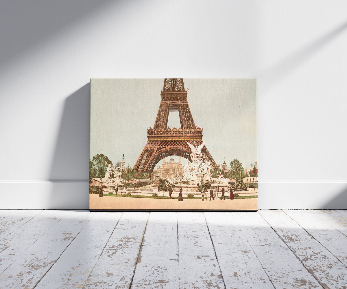 A picture of Eiffel Tower and fountain, Exposition Universelle, 1900, Paris, France, a mockup of the print leaning against a wall