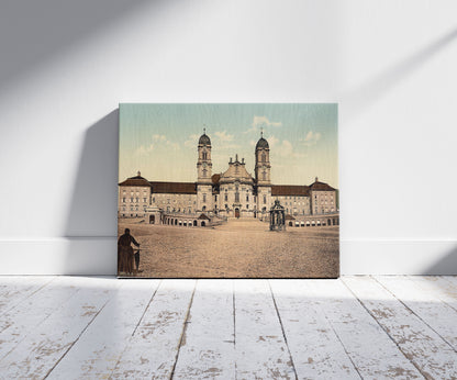 A picture of Einsiedeln, monastery, Lake Lucerne, Switzerland, a mockup of the print leaning against a wall