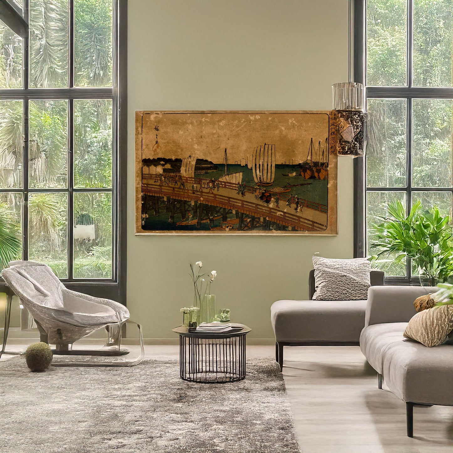 A picture of Eitai bashi Fukagawa shinchi, a mockup of the print leaning against a wall