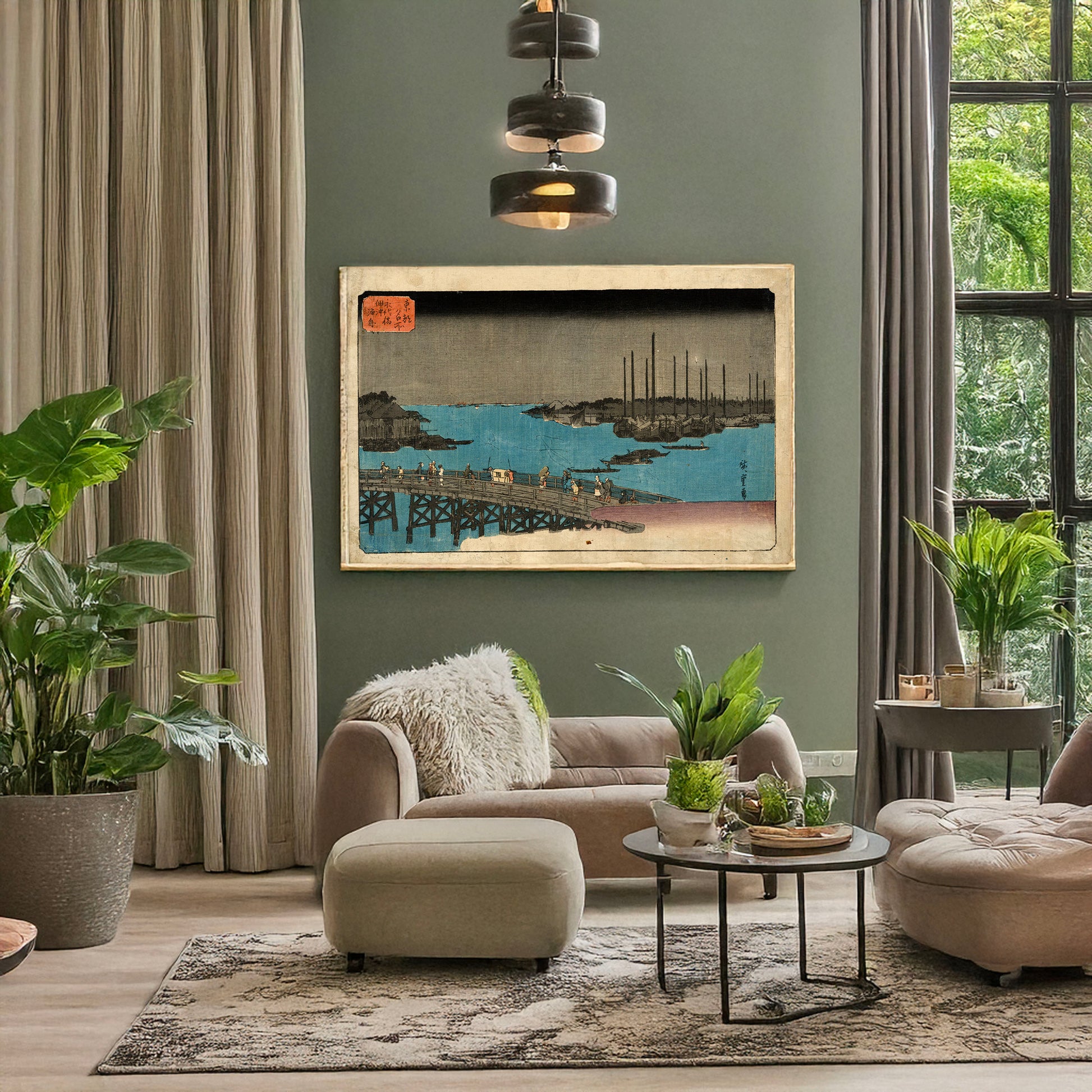 A picture of Eitaibashi tsukuda oki isaribune, a mockup of the print leaning against a wall