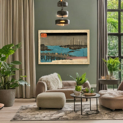 A picture of Eitaibashi tsukuda oki isaribune, a mockup of the print leaning against a wall