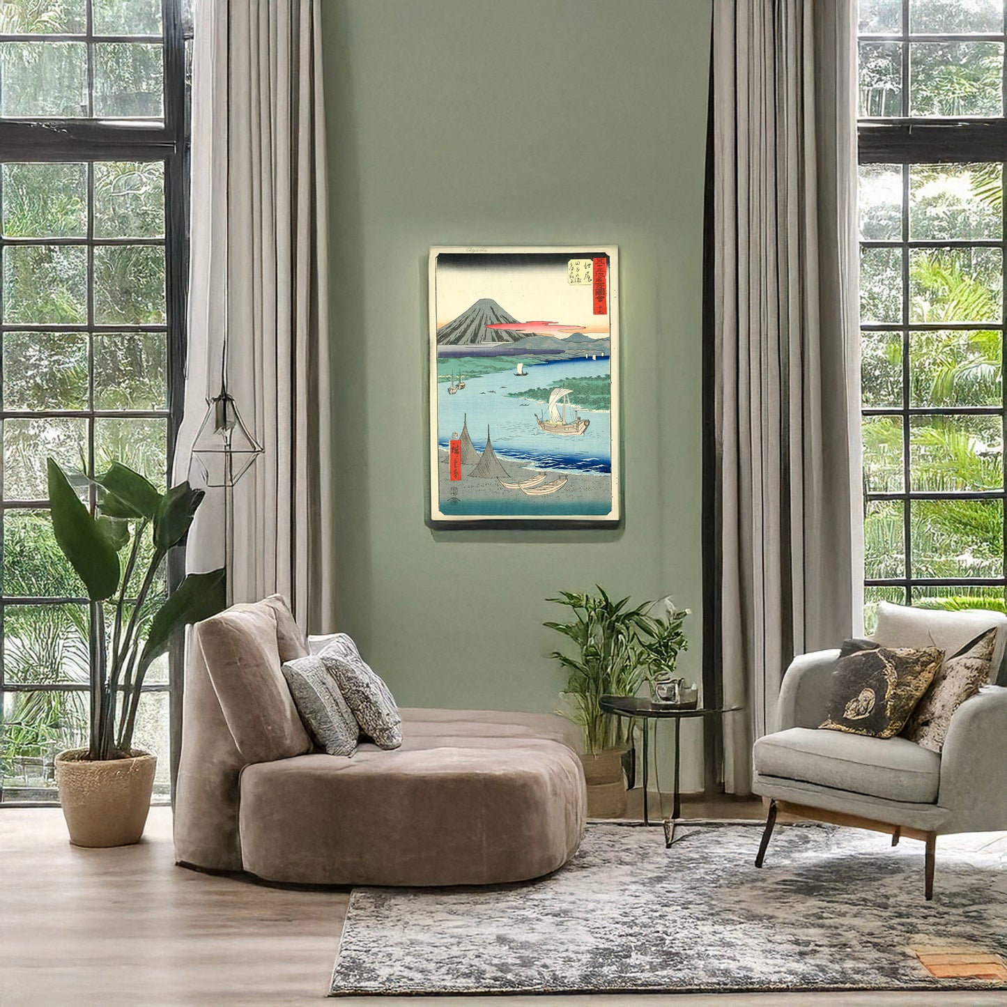 A picture of Ejiri, a mockup of the print leaning against a wall