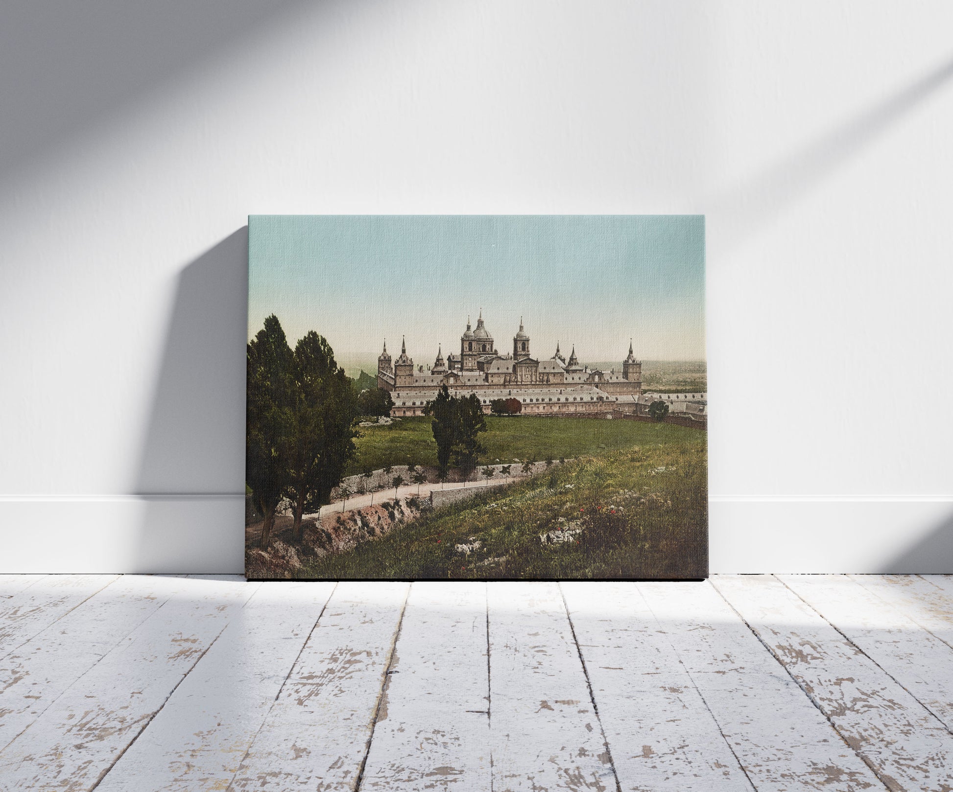 A picture of El Escorial. El Monasterio, a mockup of the print leaning against a wall