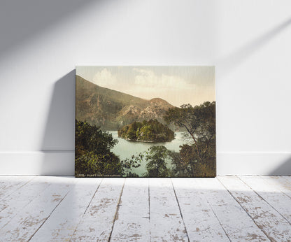 A picture of Ellen's Isle, Loch Katrine, Trossachs, Scotland, a mockup of the print leaning against a wall