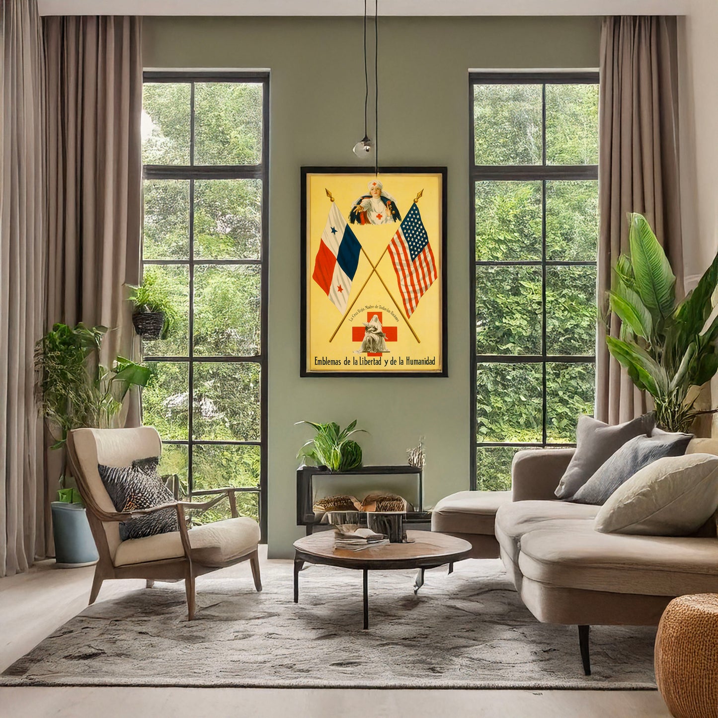 A picture of Emblemas de la libertad y de la humanidad La Cruz Roja, Madre de todas las naciones., a mockup of the print leaning against a wall