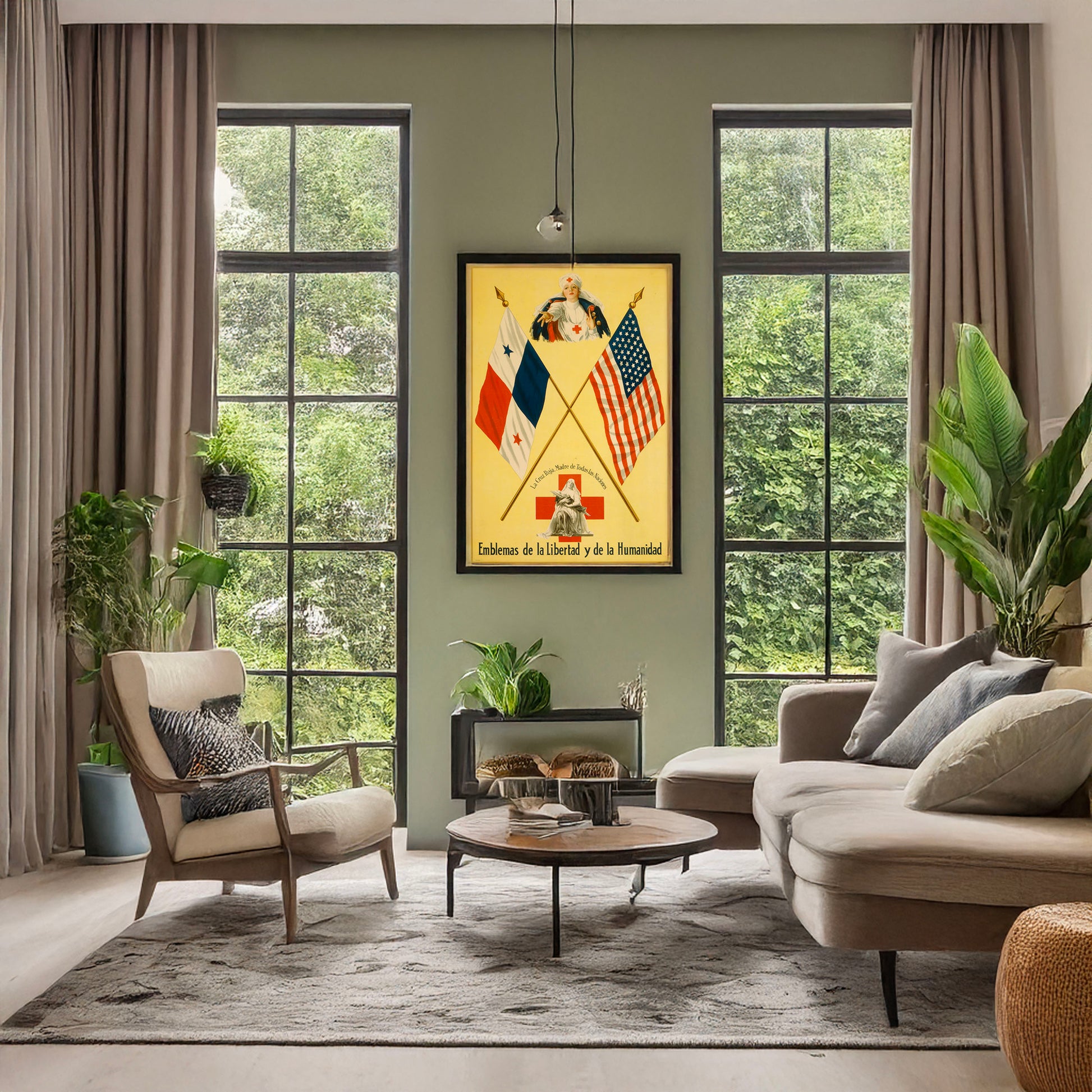 A picture of Emblemas de la libertad y de la humanidad La Cruz Roja, Madre de todas las naciones., a mockup of the print leaning against a wall