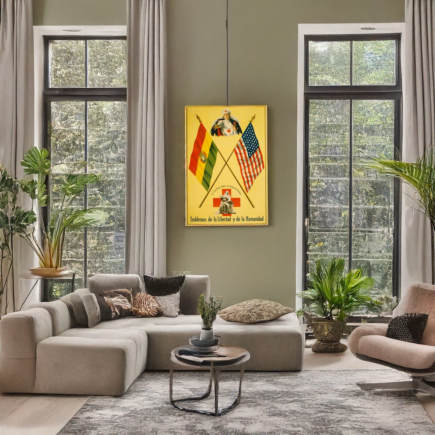A picture of Emblemas de la libertad y de la humanidad La Cruz Roja, Madre de todas las naciones., a mockup of the print leaning against a wall