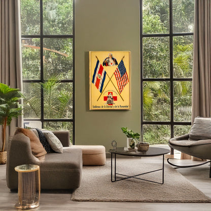 A picture of Emblemas de la libertad y de la humanidad La Cruz Roja, Madre de todas las naciones., a mockup of the print leaning against a wall