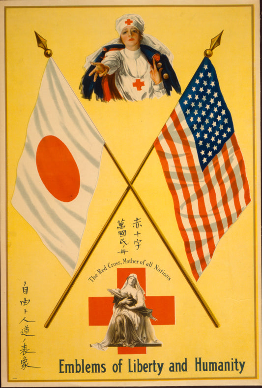 A picture of Emblems of liberty and humanity The Red Cross, mother of all nations.