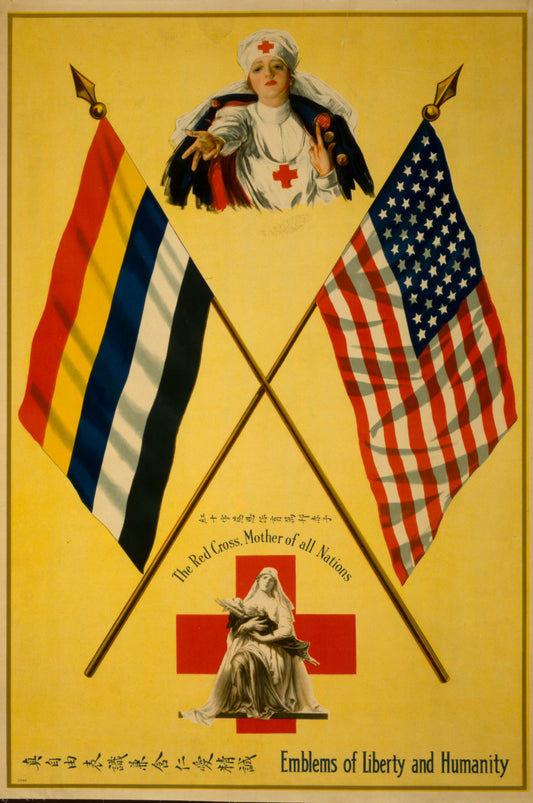 A picture of Emblems of liberty and humanity The Red Cross, mother of all nations.