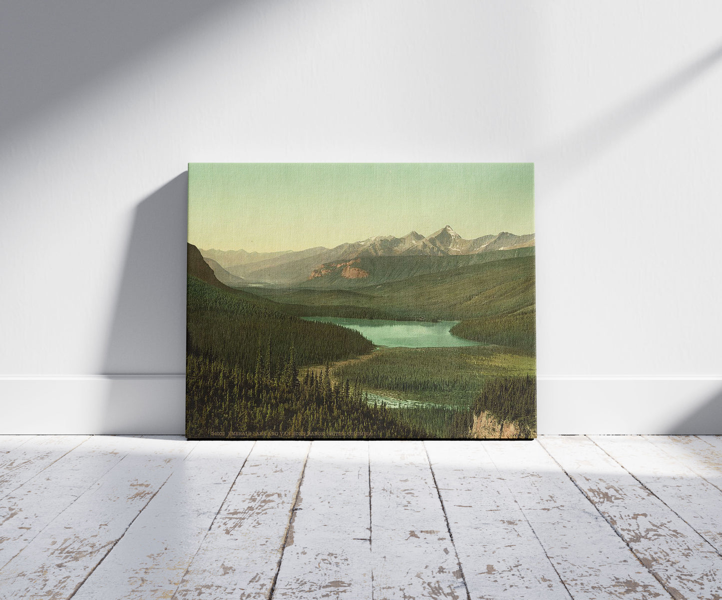 A picture of Emerald Lake and Van Horn i.e., Horne Range, British Columbia, a mockup of the print leaning against a wall