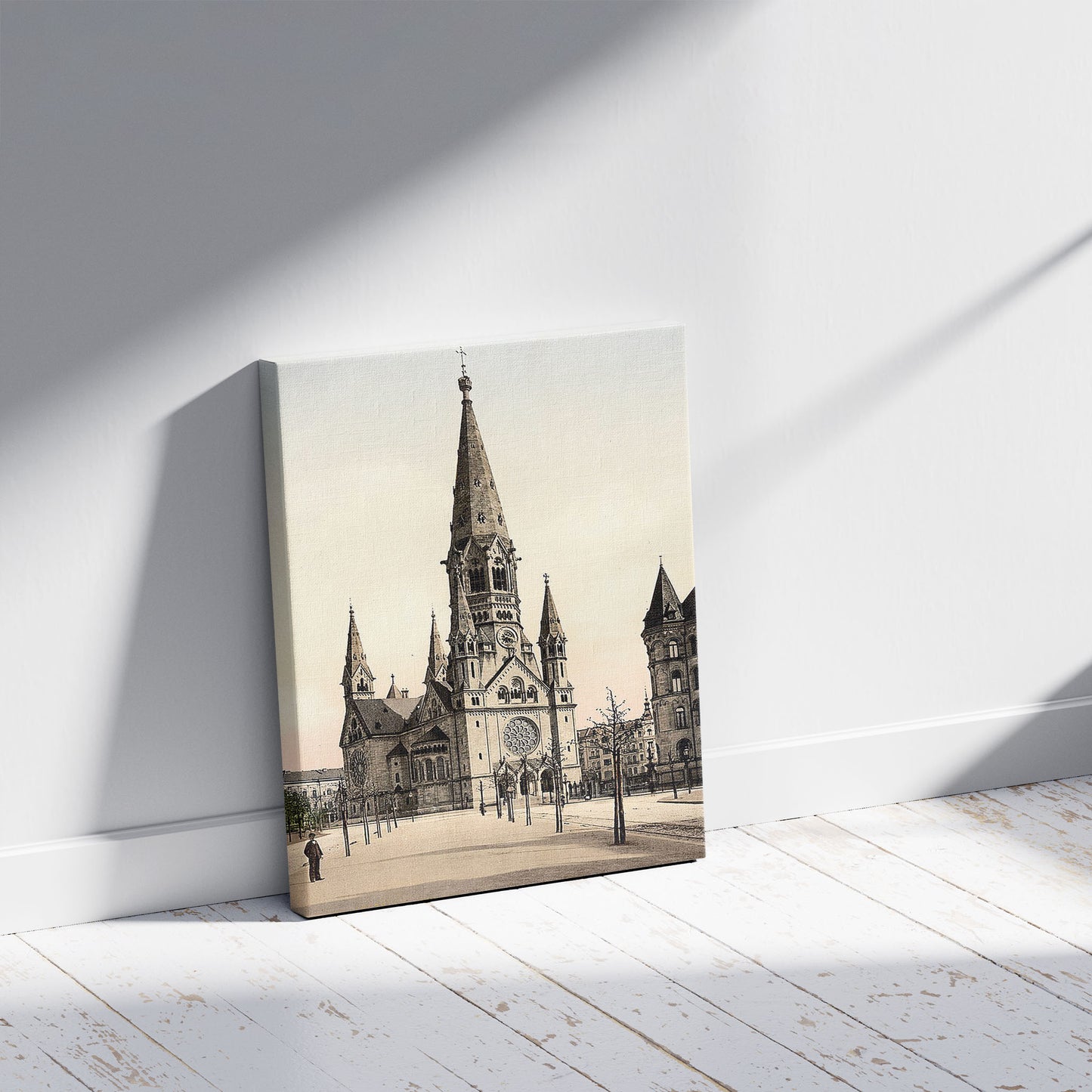 A picture of Emperor Wilhelm's Memorial Church, Berlin, Germany, a mockup of the print leaning against a wall