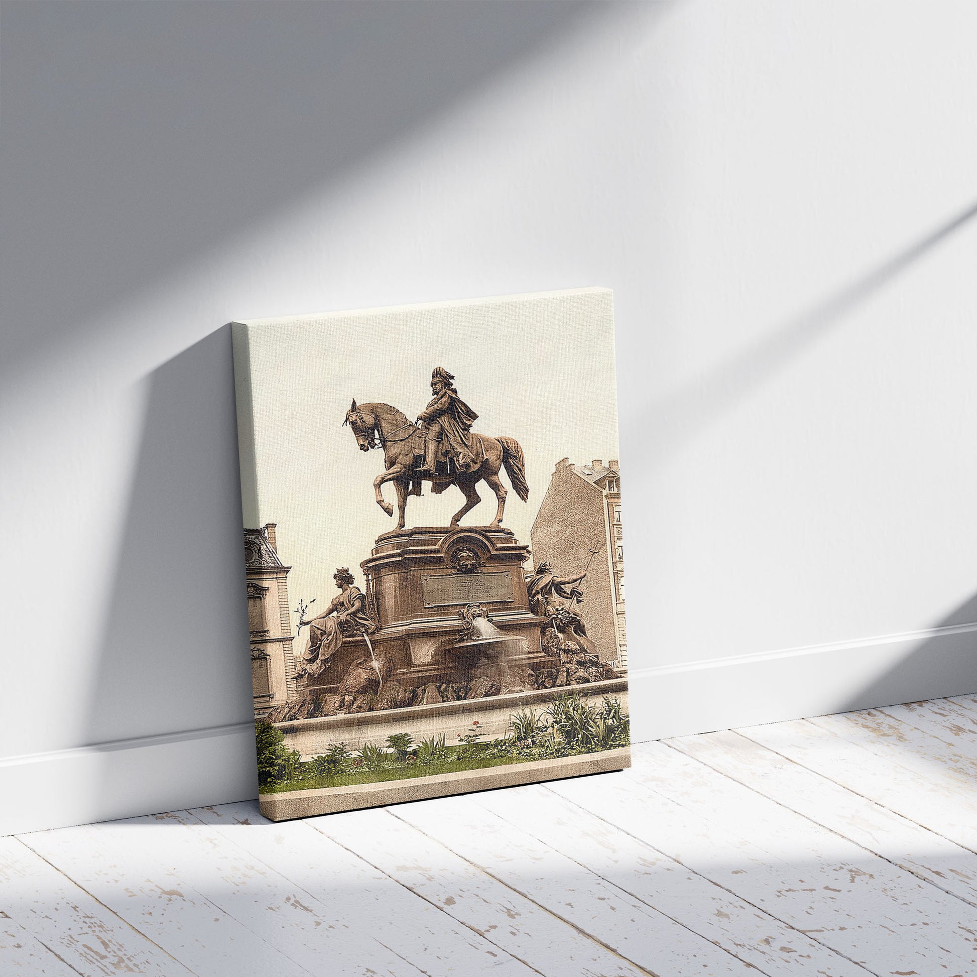 A picture of Emperor William's Monument, Cologne, the Rhine, Germany, a mockup of the print leaning against a wall