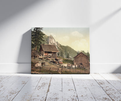 A picture of Emsigenalp with Sennhutten, Pilatus, Switzerland, a mockup of the print leaning against a wall