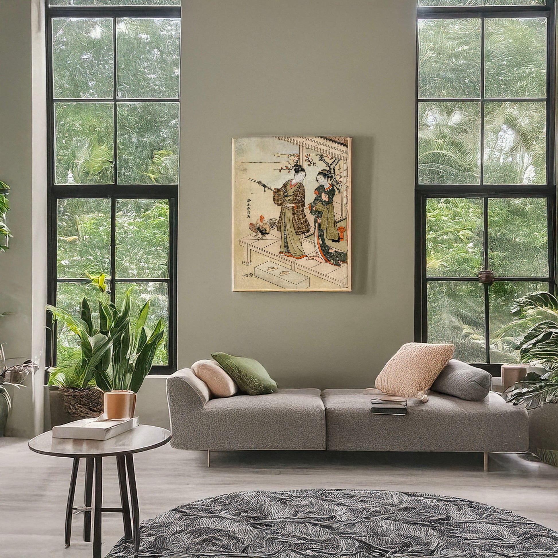 A picture of Engawa no wakashū to onna, a mockup of the print leaning against a wall