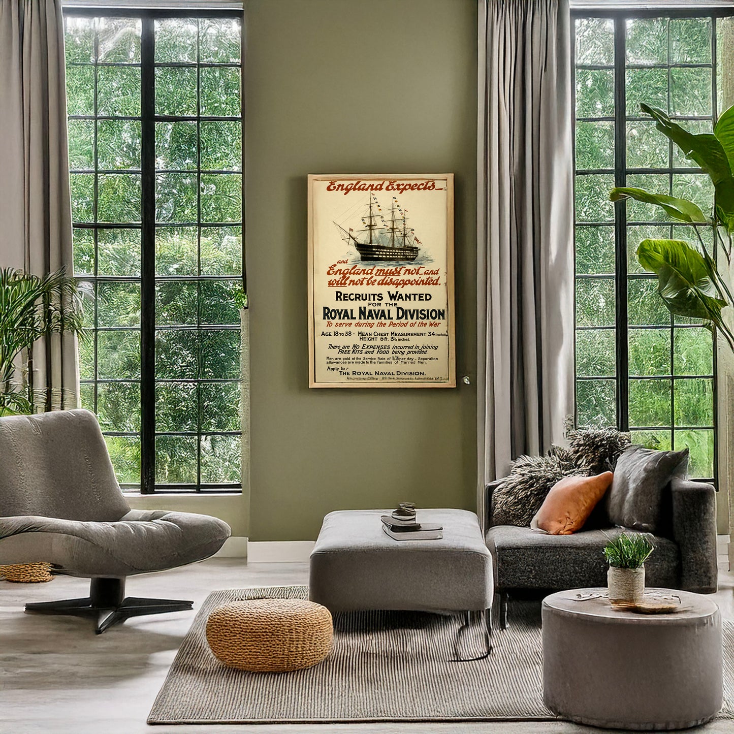 A picture of England expects - and England must not and will not be disappointed. Recruits wanted for the Royal Naval Division ..., a mockup of the print leaning against a wall