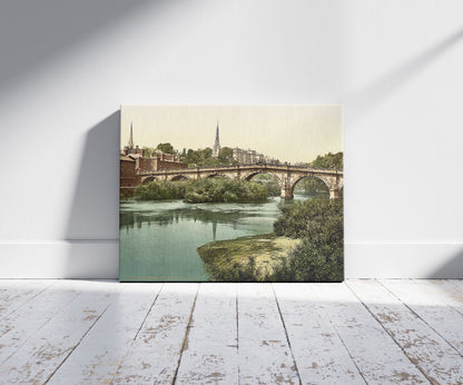 A picture of English Bridge, Shrewsbury, England, a mockup of the print leaning against a wall