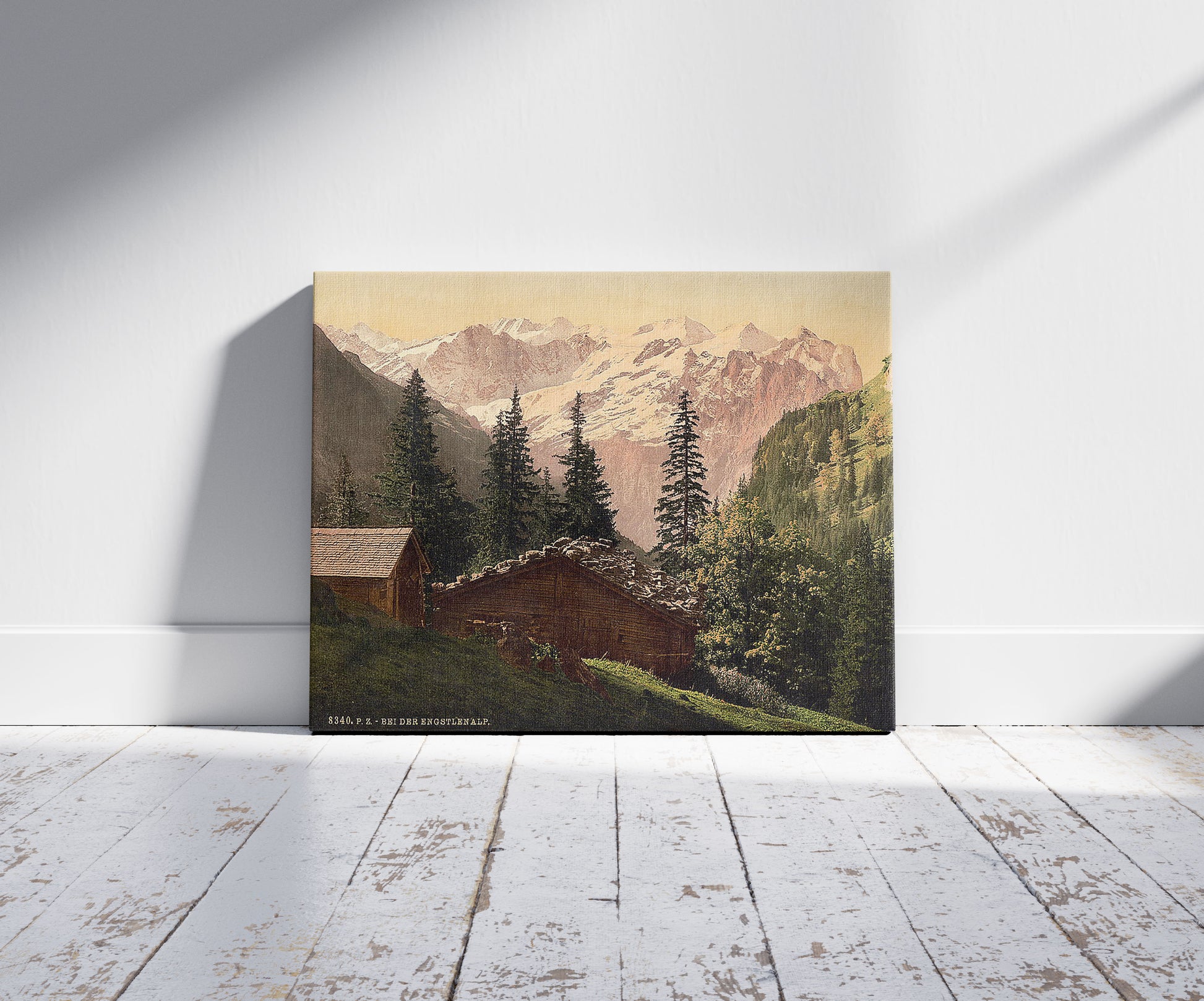 A picture of Engstlenalp (a near view), Unterwald, Switzerland, a mockup of the print leaning against a wall