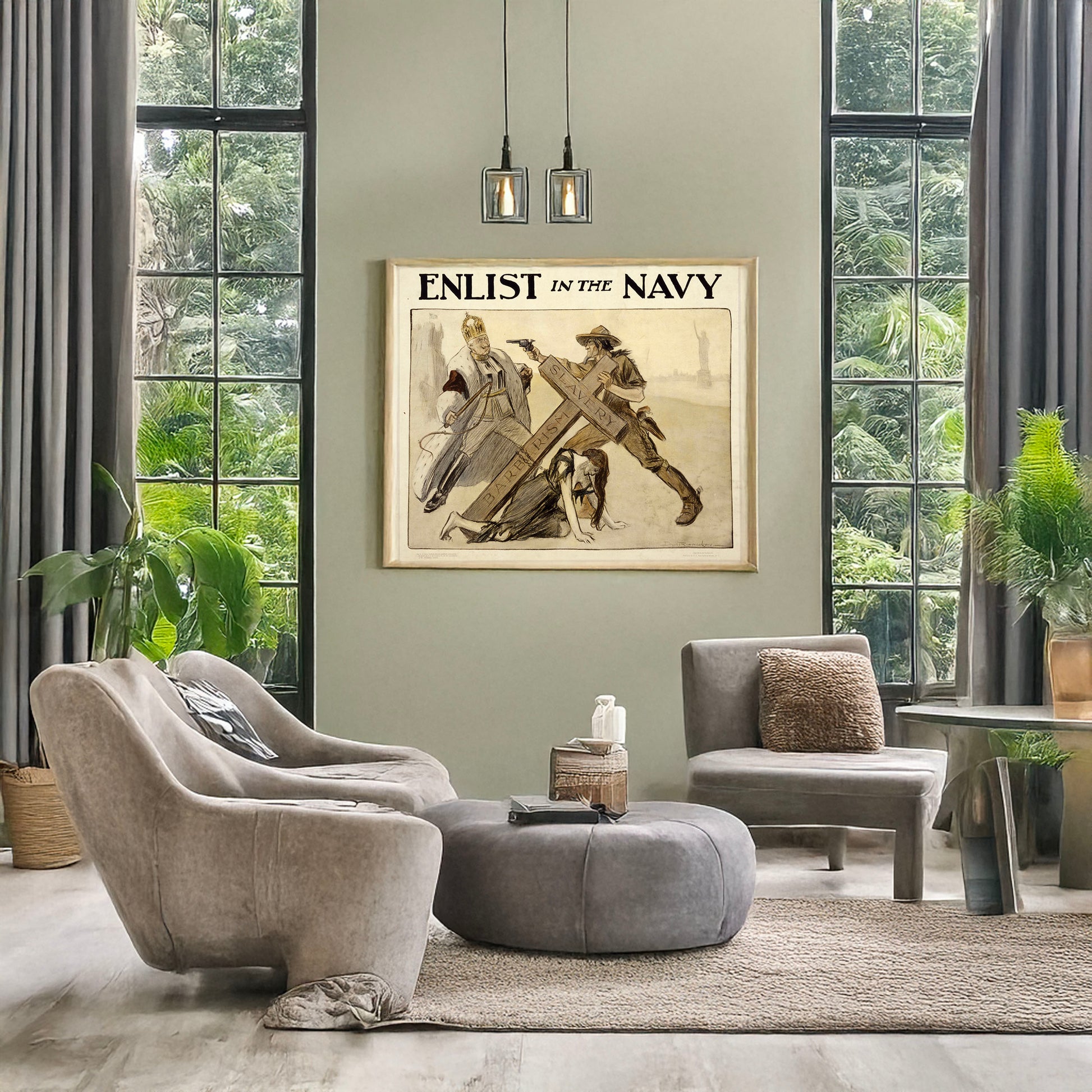 A picture of Enlist in the navy, a mockup of the print leaning against a wall
