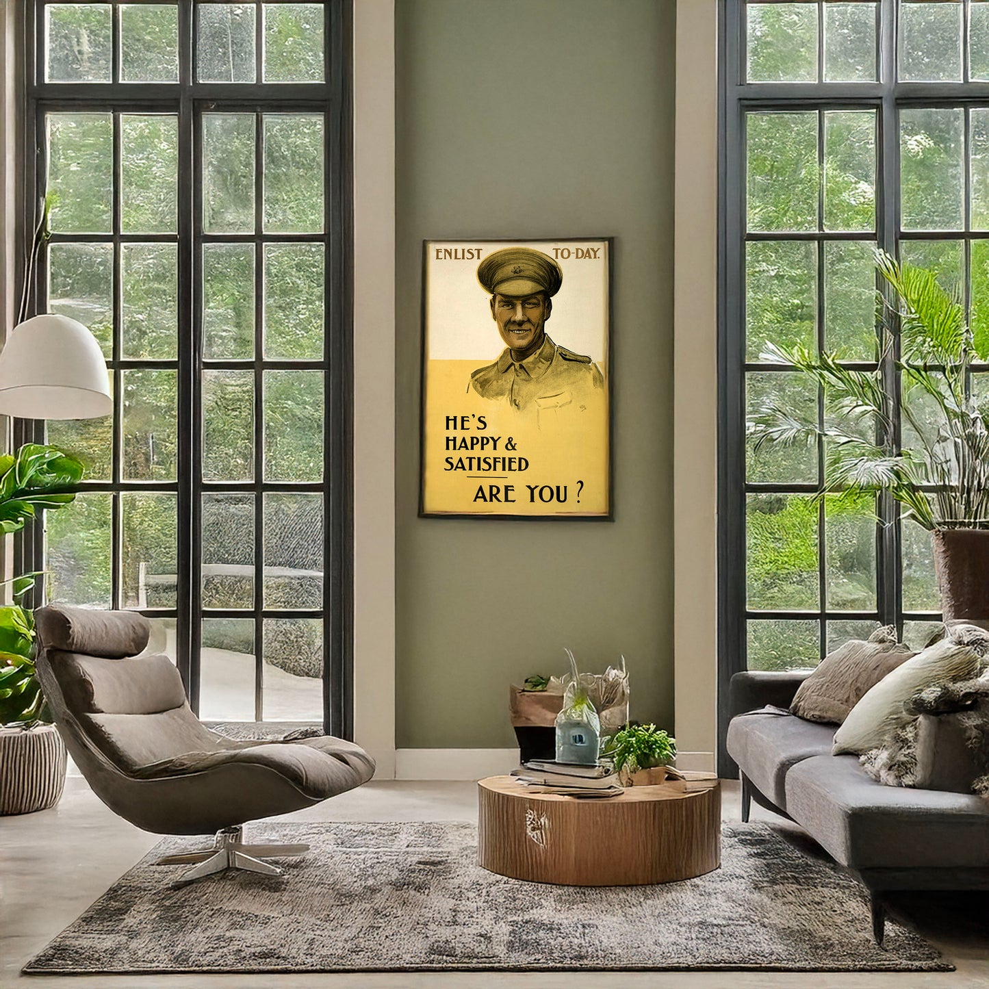 A picture of Enlist to-day. He's happy & satisfied. Are you?, a mockup of the print leaning against a wall