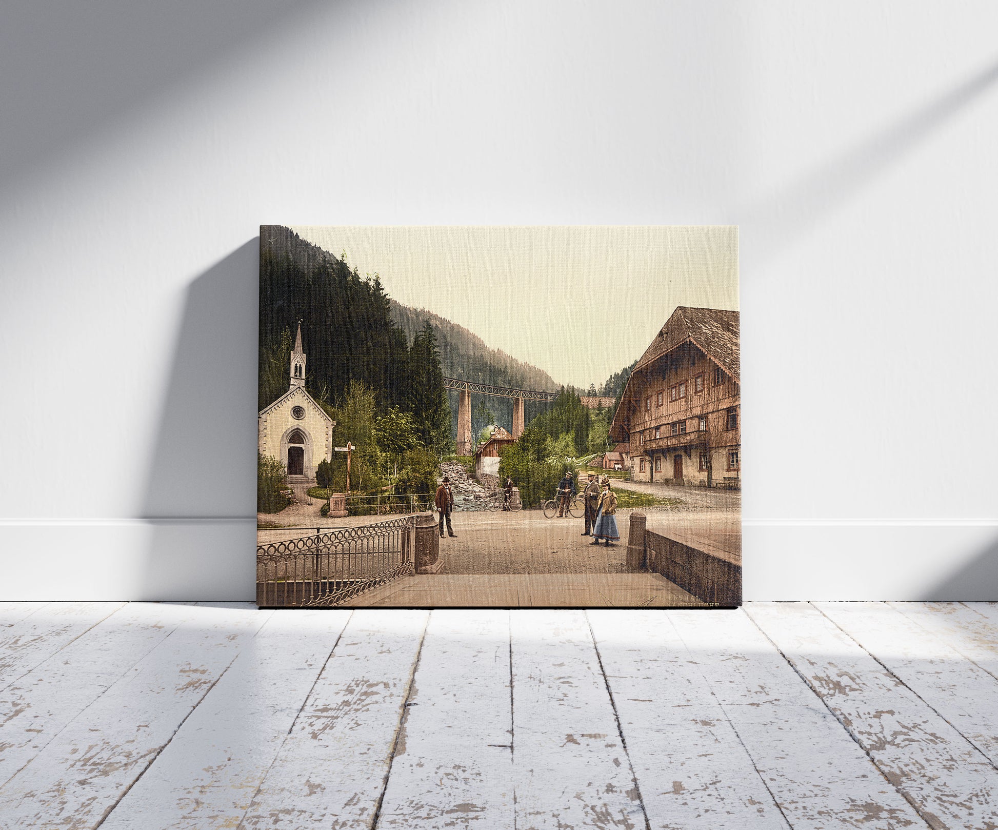 A picture of Entrance to gorge, Hollenthal, Black Forest, Baden, Germany, a mockup of the print leaning against a wall