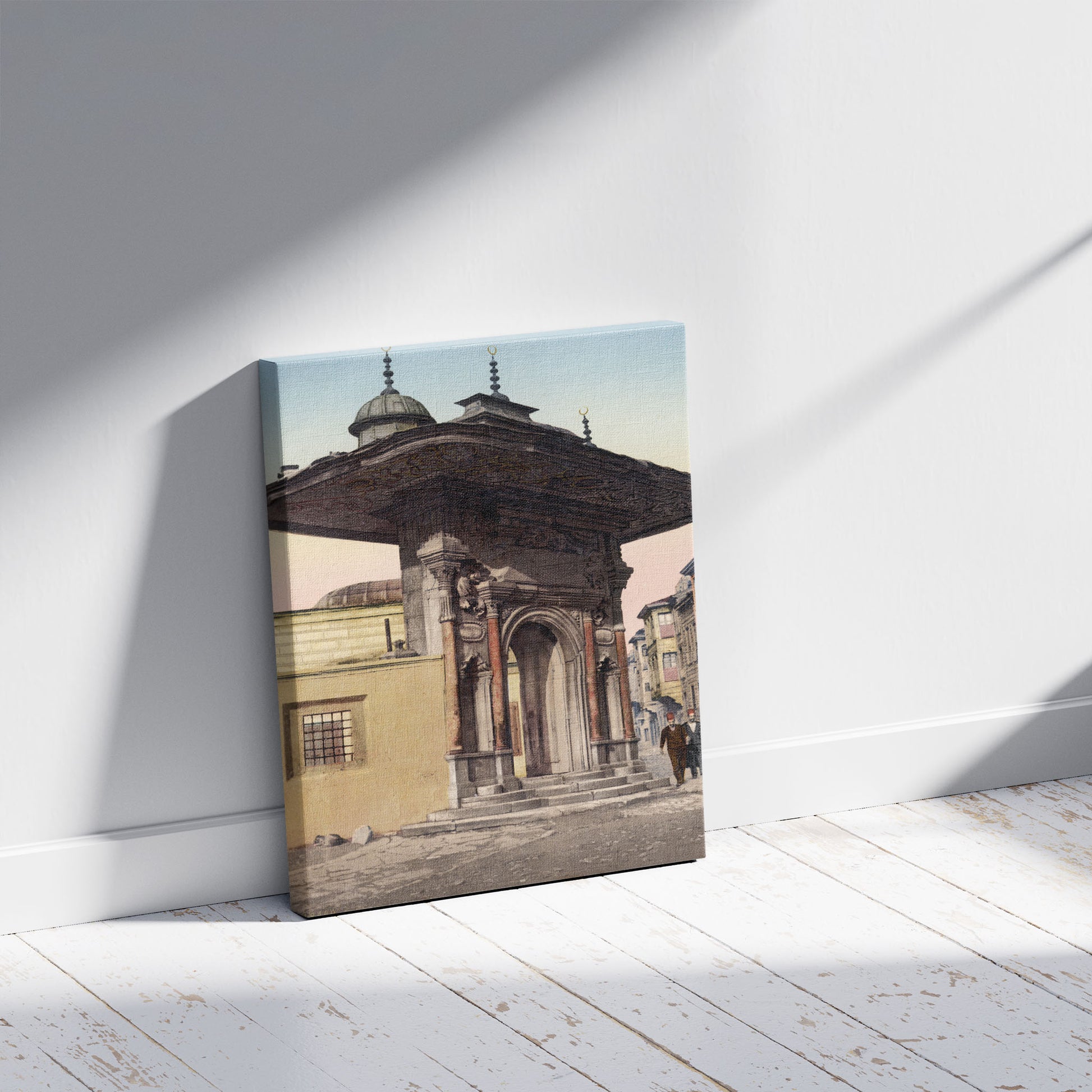 A picture of Entrée de la Mosque Ste. Sophie, Constantinople, Turkey, a mockup of the print leaning against a wall