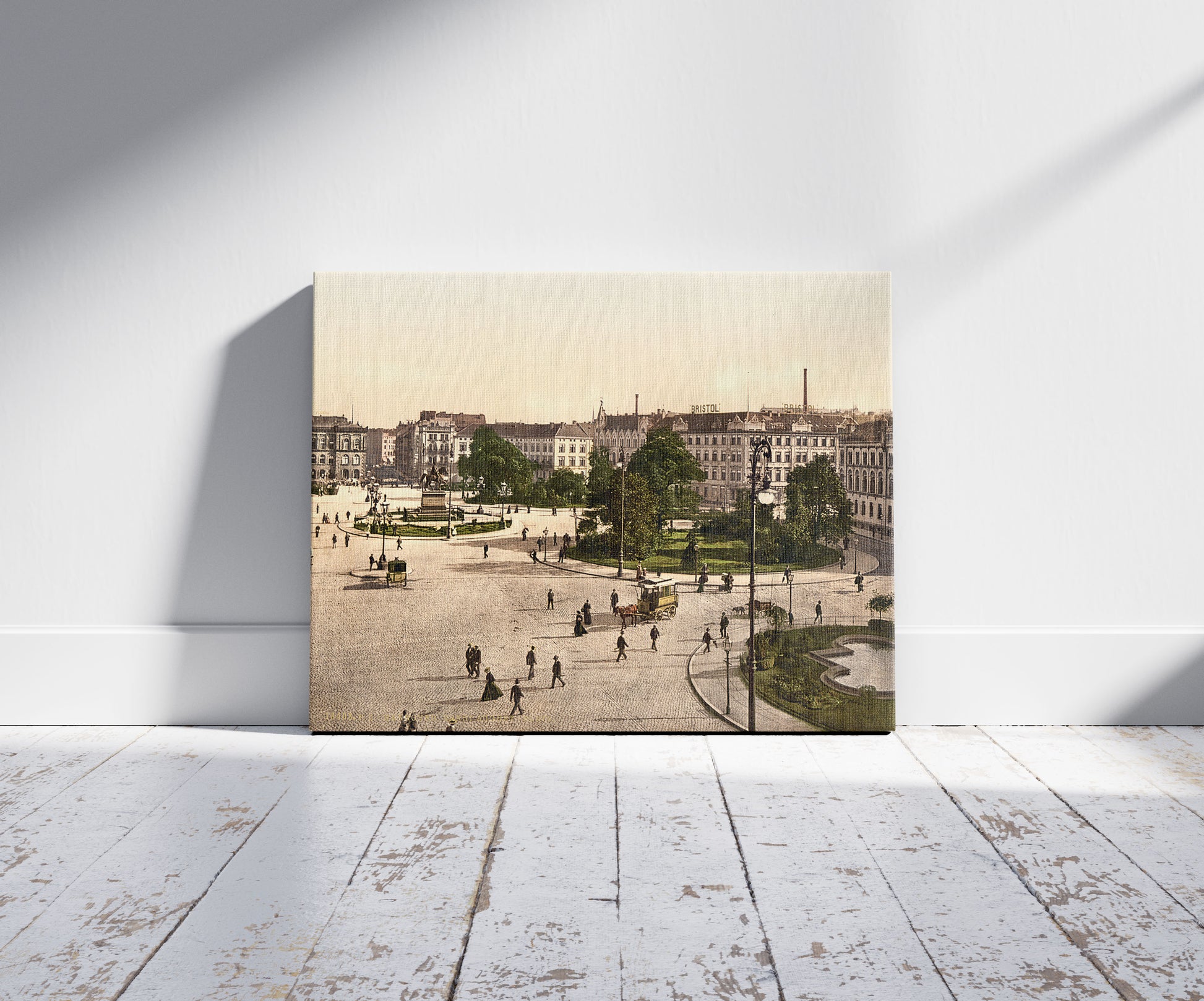 A picture of Ernest-August Square, Hanover, Hanover, Germany, a mockup of the print leaning against a wall