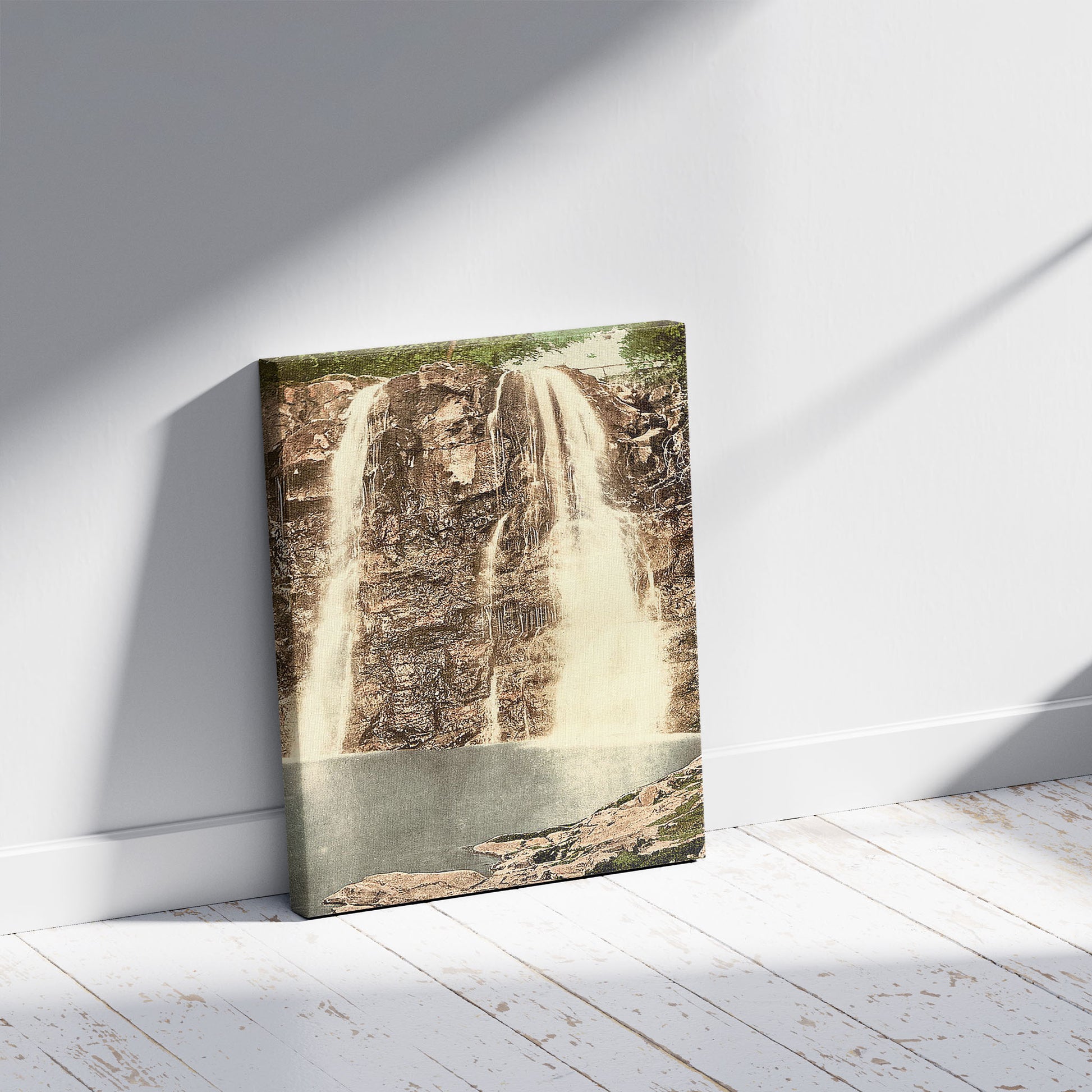 A picture of Ess-na-Crub Fall. Glenariff. County Antrim, Ireland, a mockup of the print leaning against a wall