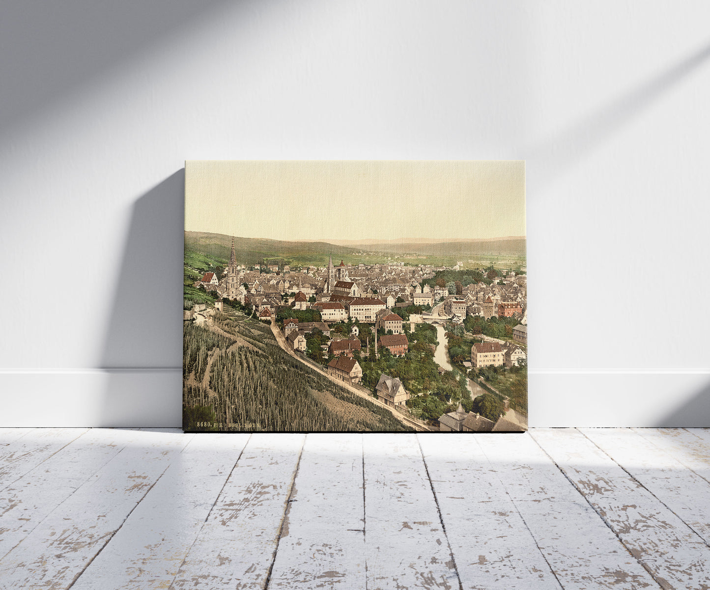 A picture of Esslingen seen from Dreikaiserfallsen, Black Forest, Baden, Germany, a mockup of the print leaning against a wall