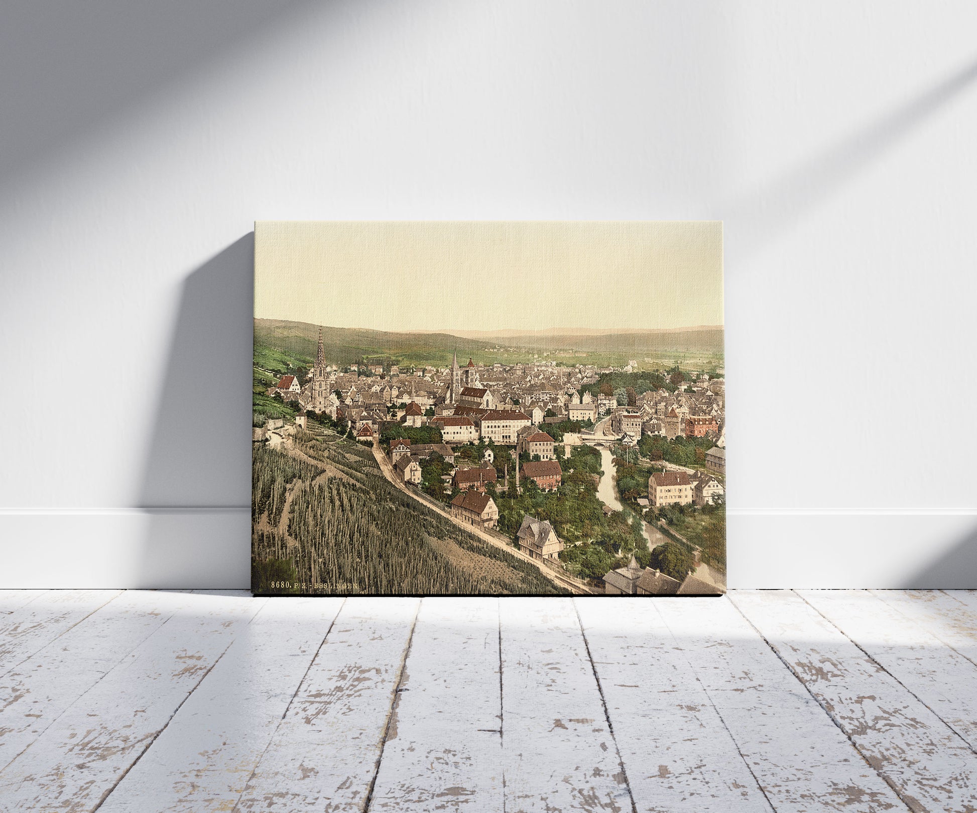 A picture of Esslingen seen from Dreikaiserfallsen, Black Forest, Baden, Germany, a mockup of the print leaning against a wall